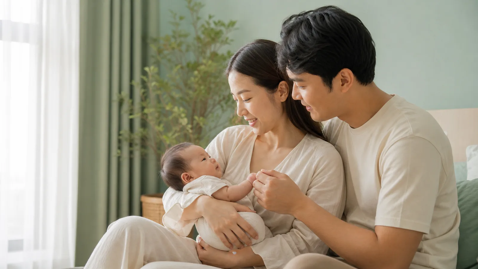 ภาพประกอบ: คุณพ่อและคุณแม่ช่วยกันประคองและดูแลทารกในบ้านที่มีแสงธรรมชาติ