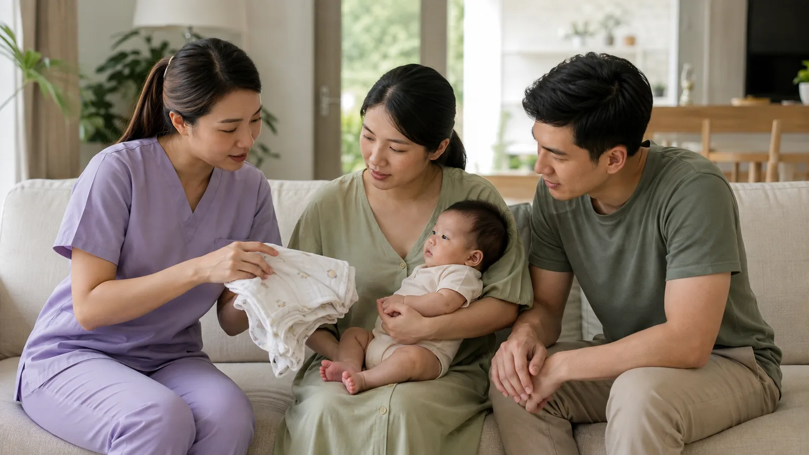 ภาพประกอบ: พยาบาลชุดสีม่วงอ่อนอธิบายการดูแลลูกให้พ่อแม่ ขณะคุณแม่ประคองทารกที่บ้าน