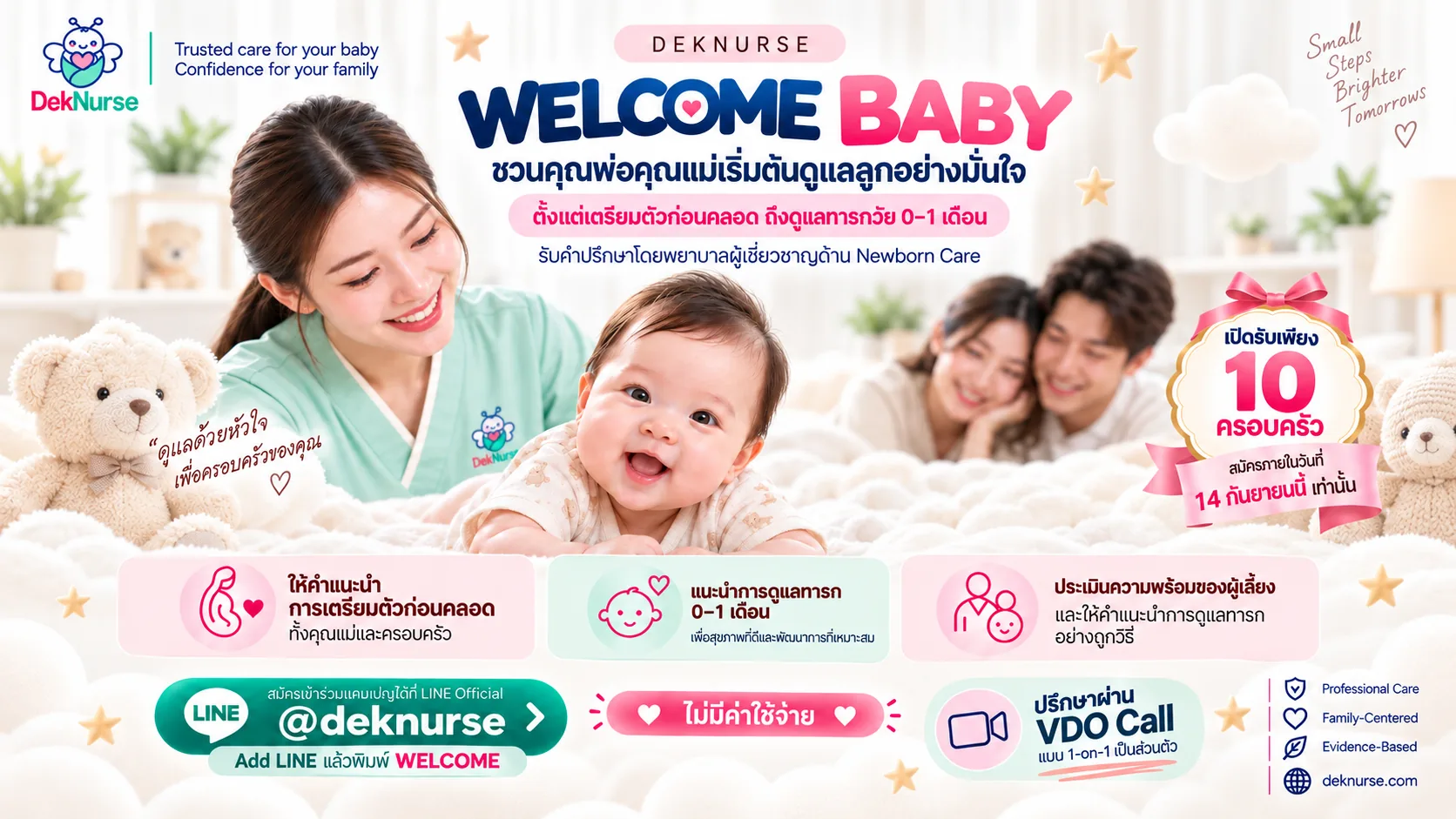 ภาพประกอบ: โปสเตอร์แคมเปญ Welcome Baby พยาบาลยิ้มมองทารกที่นอนคว่ำเล่นบนเตียง มีคุณพ่อคุณแม่และตุ๊กตาหมีอยู่ข้าง ๆ พร้อมป้ายปรึกษาผ่าน VDO Call