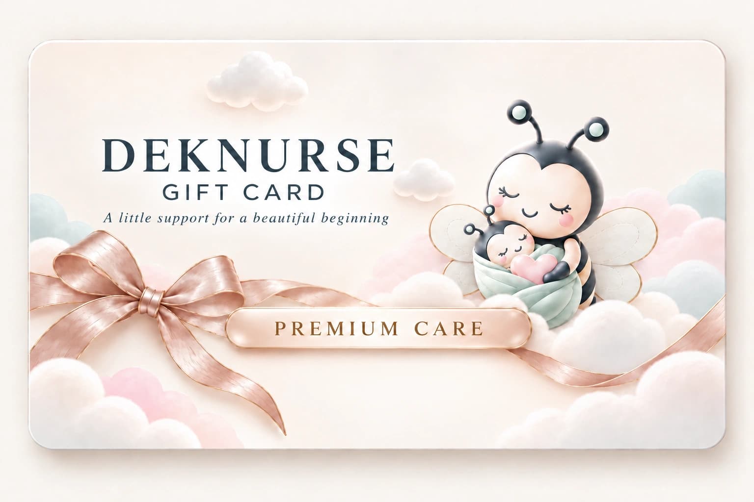 ภาพประกอบ: ตัวอย่างการ์ดของขวัญระดับ Premium Care พื้นครีม มีริบบิ้นทองชมพูและภาพผึ้งแม่กอดลูก