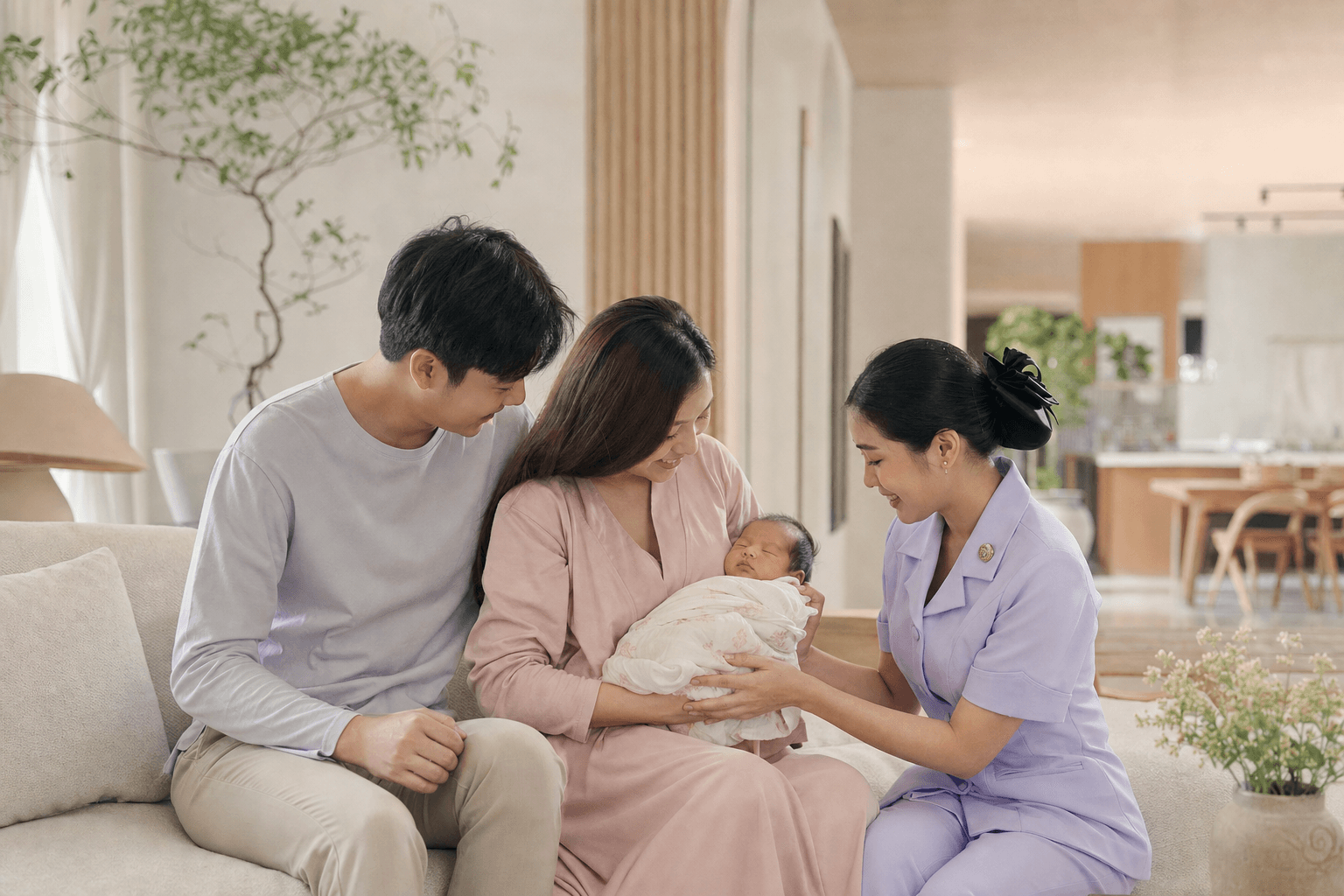 ภาพประกอบ: คุณพ่อและคุณแม่นั่งอุ้มทารกแรกเกิด โดยมีพยาบาลในชุดสีม่วงอ่อนให้คำแนะนำอย่างใกล้ชิดภายในบ้าน